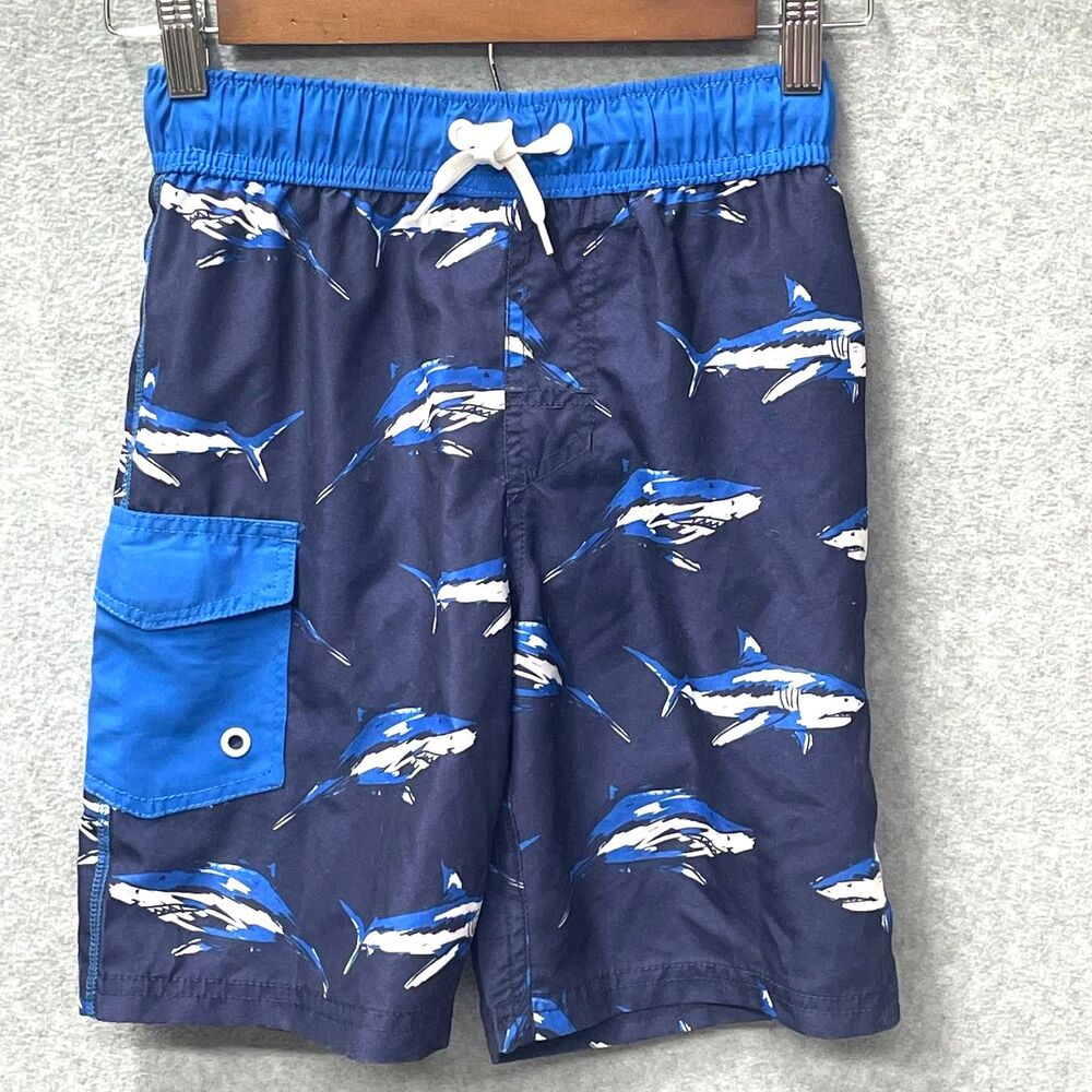 Boys Shark Swim Trunks M 8-10 Blue Kids Bathing Suit Shorts Cat & Jacks